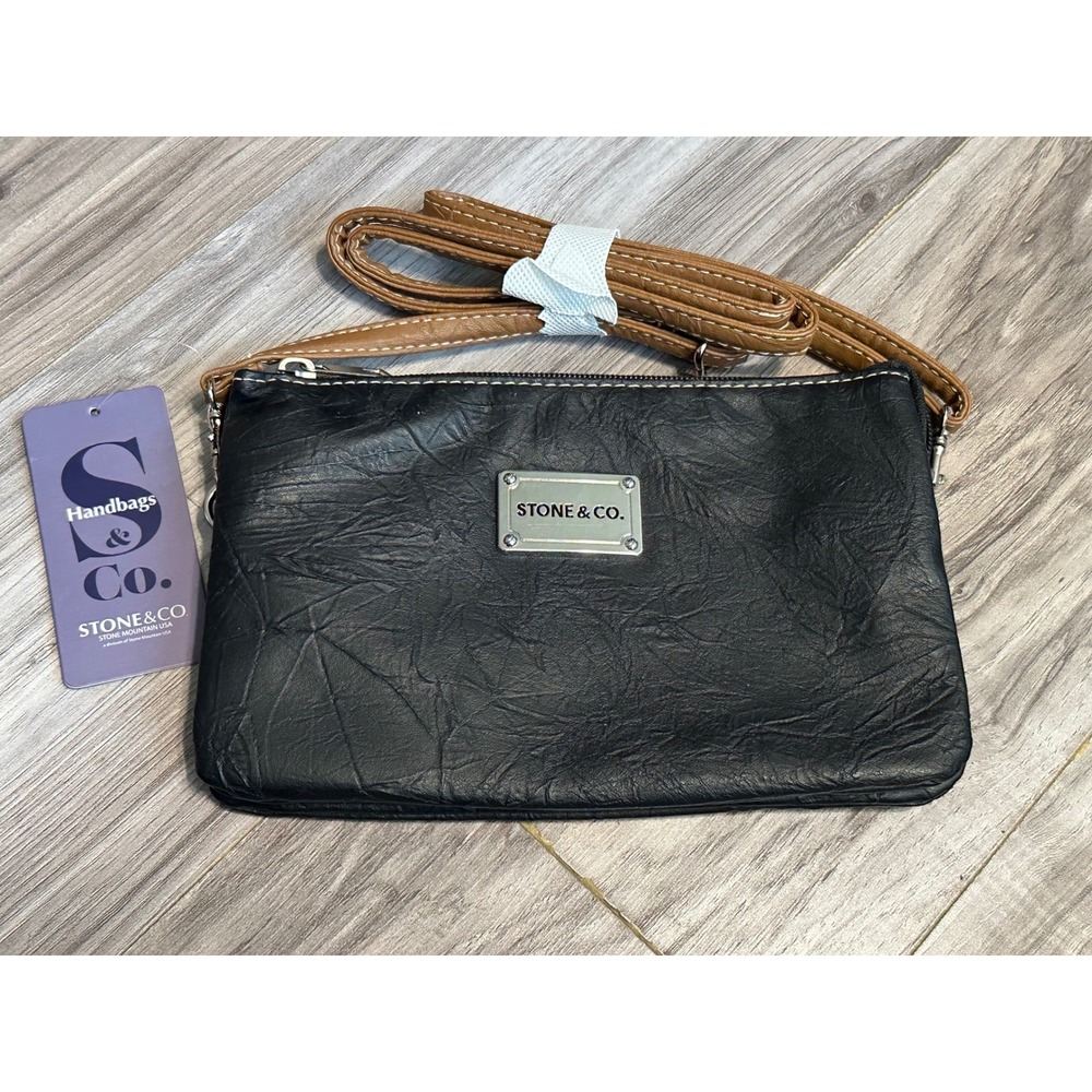 Stone & Co Nancy Vinyl Trifecta Small Crossbody Bag Black Tan NWT!